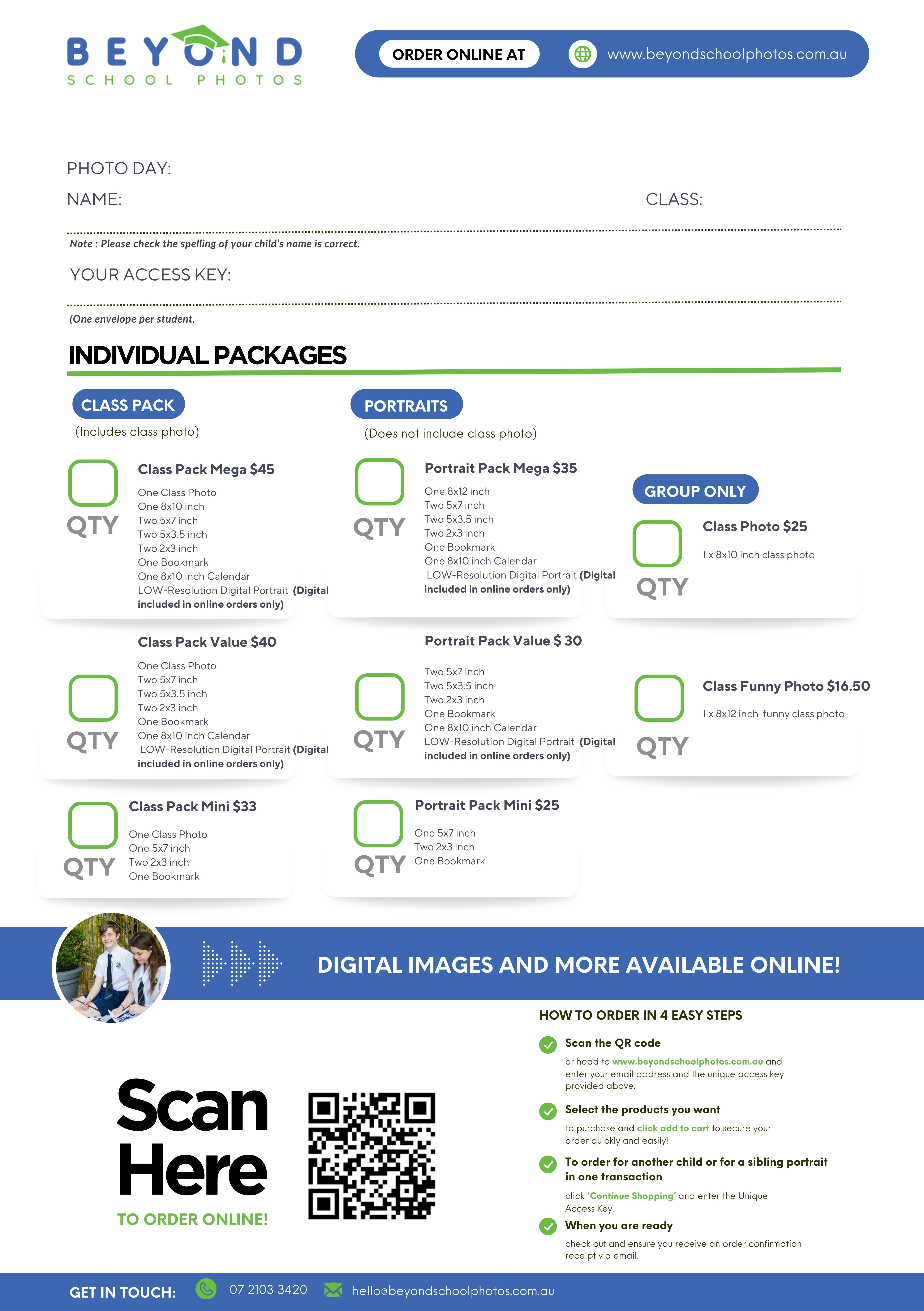 Beyond School Photos envelope design — packages and pricing