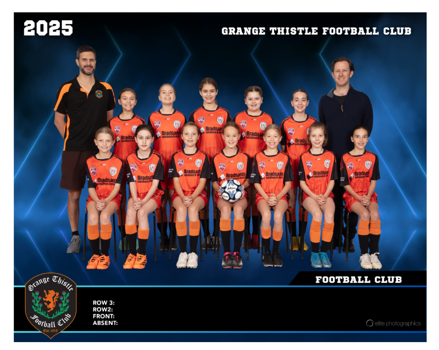 Grange Thistle team photo template — green pitch backdrop